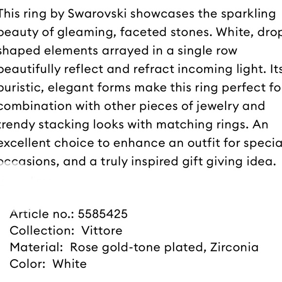 Swarovski Rose Gold Vittore Ring | Drop Cut | White | 7/55 | New | Swan Signed - Picture 7 of 10